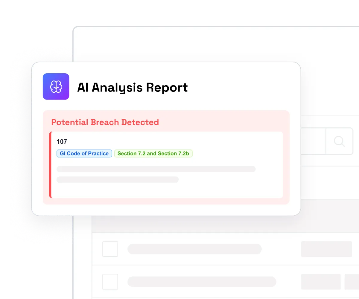 Curium AI Analysis Report showing a potential breach detected, tagged with GI Code of Practice and Section 7.2, identifying compliance issues automatically